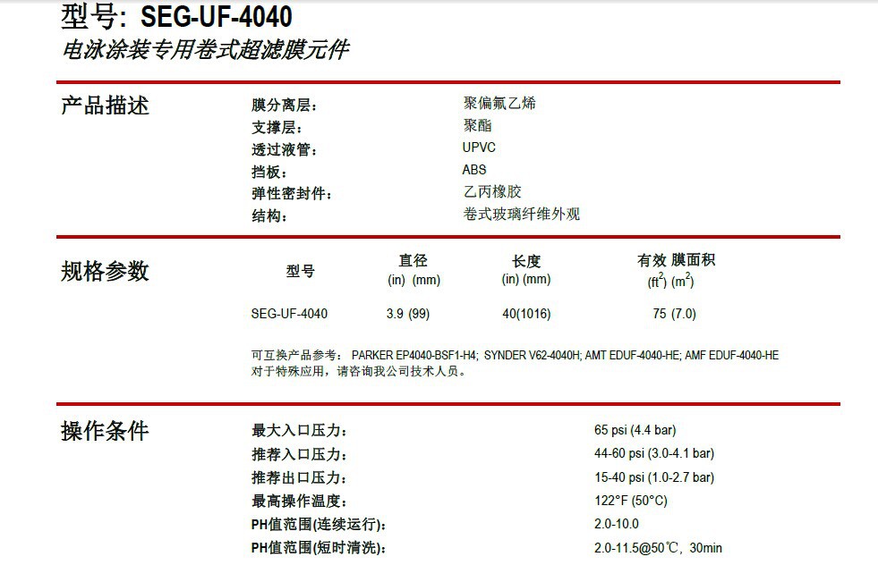 電泳漆超濾膜SEG-UF-4040參數(shù)